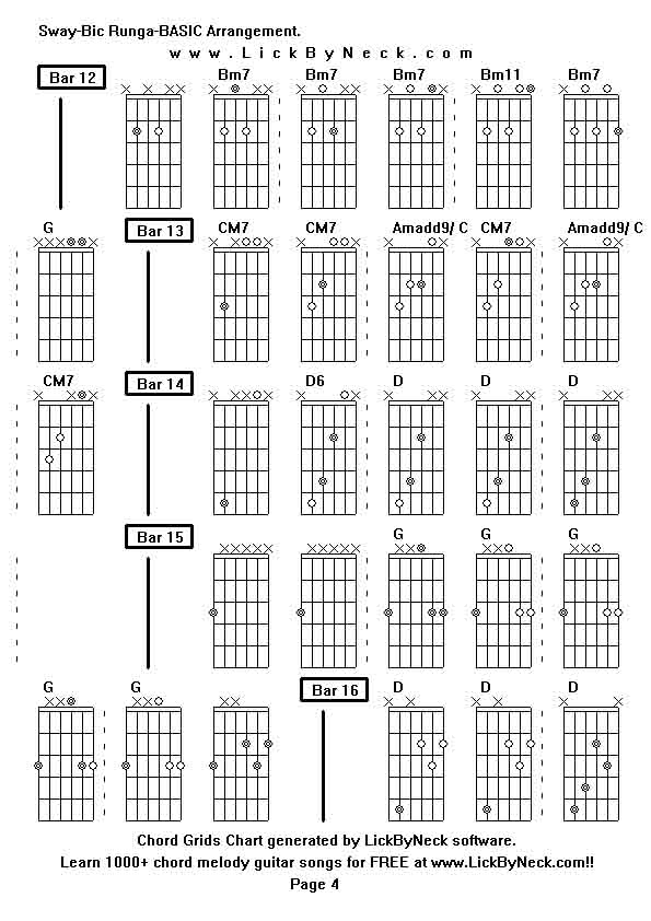 Chord Grids Chart of chord melody fingerstyle guitar song-Sway-Bic Runga-BASIC Arrangement,generated by LickByNeck software.